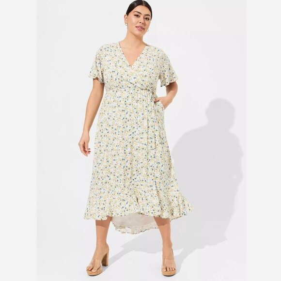 Torrid Size 3X 22-24 Maxi Rayon Slub Surplice Wrap Dress Ditsy Floral - Picture 1 of 4
